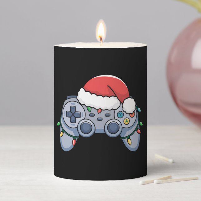 Video Game Controller Christmas Santa Hat Gamer Pillar Candle (In Situ)