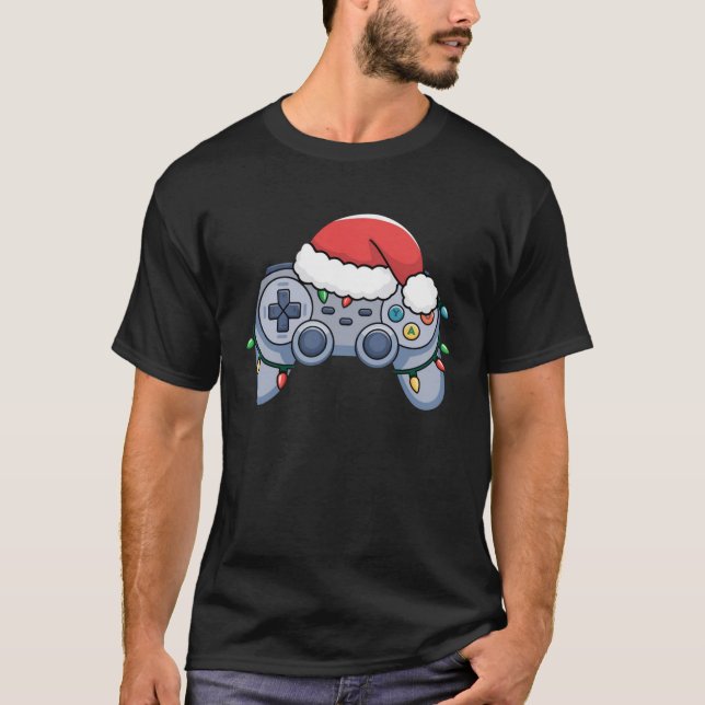 Video Game Controller Christmas Santa Hat Gamer T-Shirt (Front)