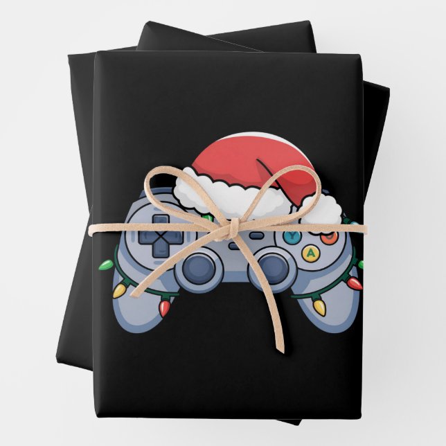 Video Game Controller Christmas Santa Hat Gamer Wrapping Paper Sheets (In situ)