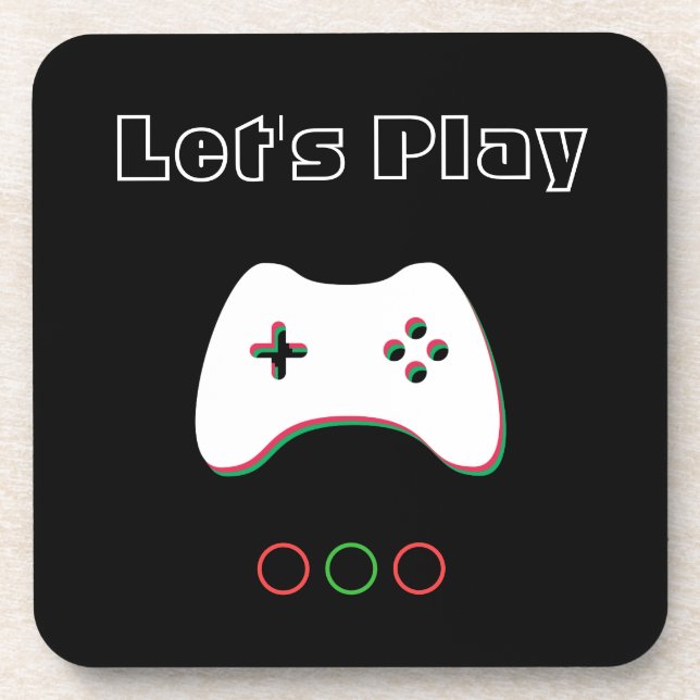 Video Game Controller, Let's Play, Red & Green Art Beverage Coaster (Front)