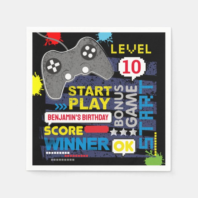 Video Game Controller Level Up Gamer Birthday Napkins (Front)