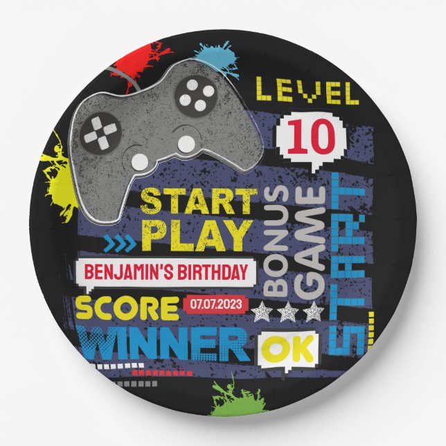 Video Game Controller Level Up Gamer Birthday Paper Plates (Front)