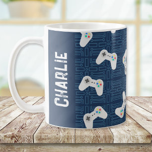 Video Game Controller Monogram Name Blue Coffee Mug
