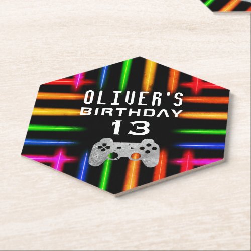 Video Game Controller Neon Gaming Birthday Party Paper Coaster