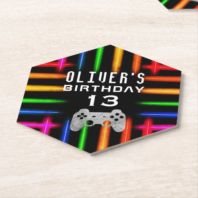 Video Game Controller Neon Gaming Birthday Party Paper Coaster (Angled)