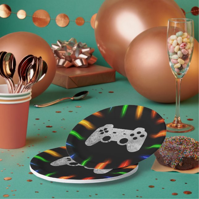 Video Game Controller Neon Gaming Birthday Party  Paper Plates (Multi)