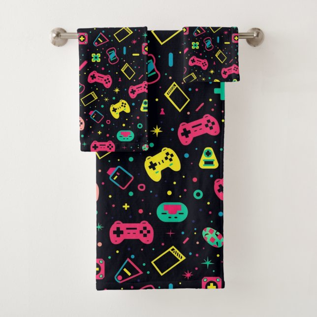 Video Game Controllers and Toys Pattern  Bath Towel Set (Insitu)