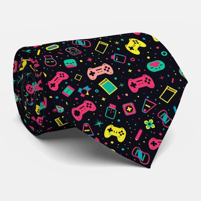 Video Game Controllers and Toys Pattern  Neck Tie (Rolled)