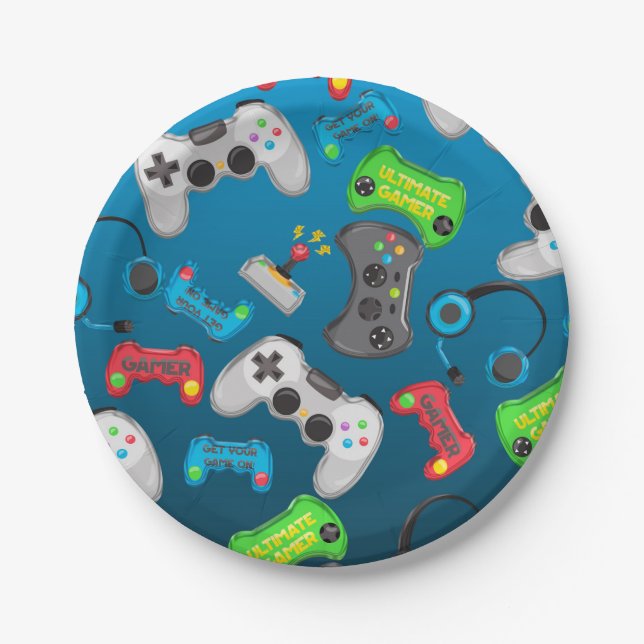 Video Game Controllers Gamer Birthday Party Paper Plates (Front)