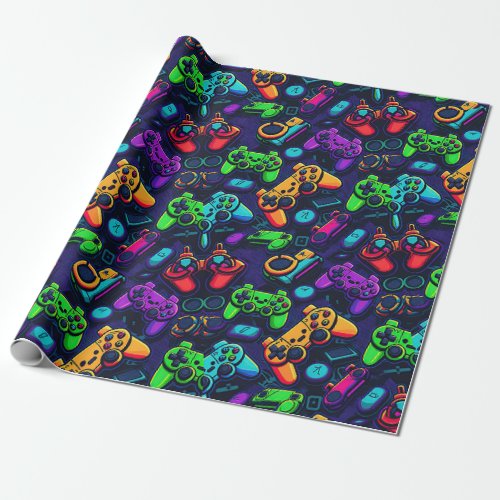 Video game controllers neon wrapping paper