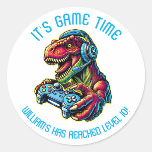 Video Game Dinosaur Gaming Birthday Party Classic Round Sticker