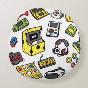 Video game, doodle set round pillow