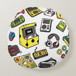 Video game, doodle set round pillow