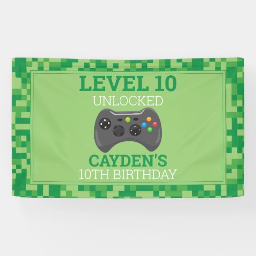 Video Game Game On Birthday Party Green Pixel Banner