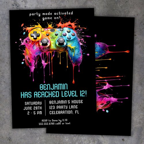 Video Game Gamer Teal Birthday Party Invitation
