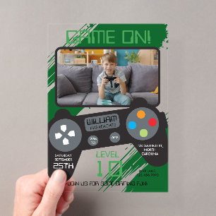 Video Game Green Cool Boy Photo Birthday Party Acrylic Invitations