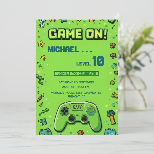Video Game Green Kids Birthday Party Invitation  (Standing Front)