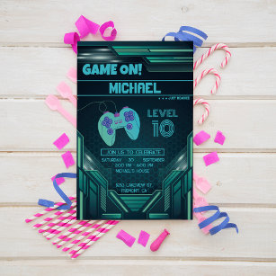  Video Game Green Kids Birthday Party Invitation