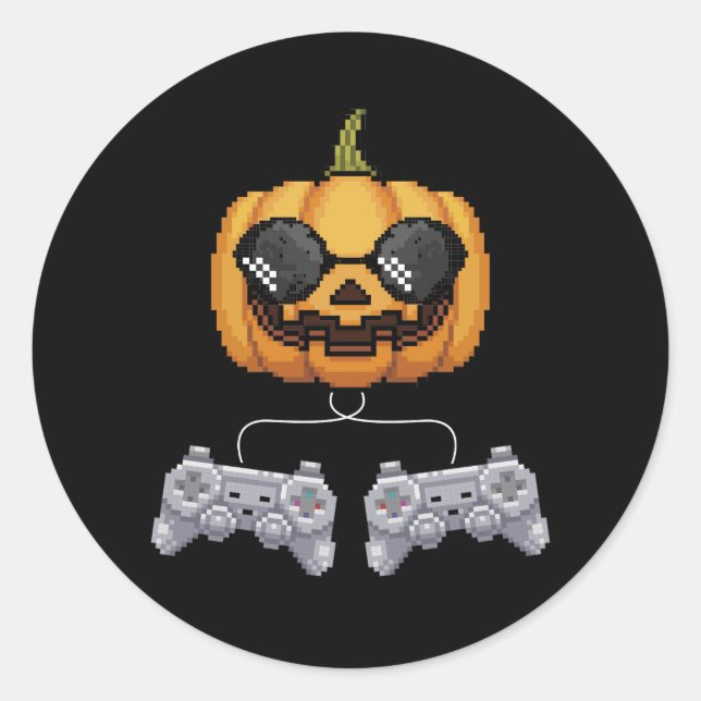 Video Game Halloween Jack O Lantern Pixelated Gami Classic Round Sticker (Front)