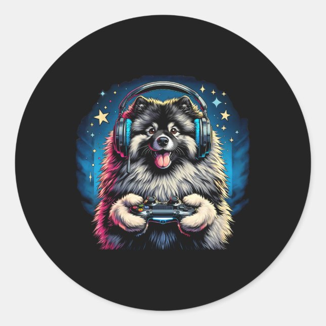Video Game Keeshond Dog Gaming  Classic Round Sticker (Front)