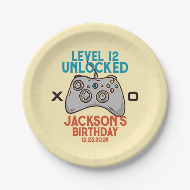 Video Game Level Unlocked Gamer Boy Birthday Party Paper Plates (Front)