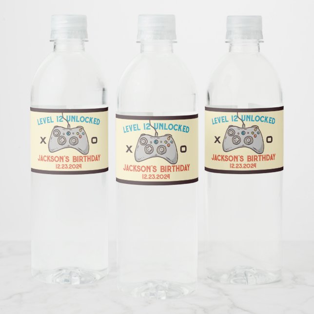 Video Game Level Unlocked Gamer Boy Men's Birthday Water Bottle Label (Bottles)