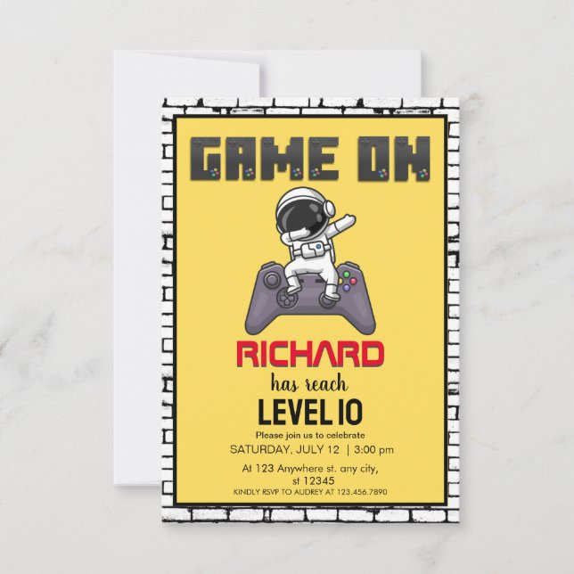 Video Game Level up Astronaut Gamer Birthday  Invitation (Front)