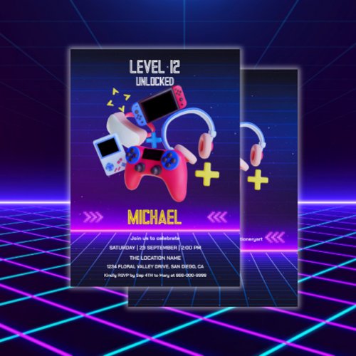 Video Game Level Up Birthday Party Invitation