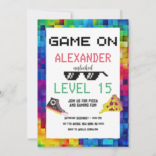 Video Game Level up Colorful Pixel Gamer Birthday  Invitation