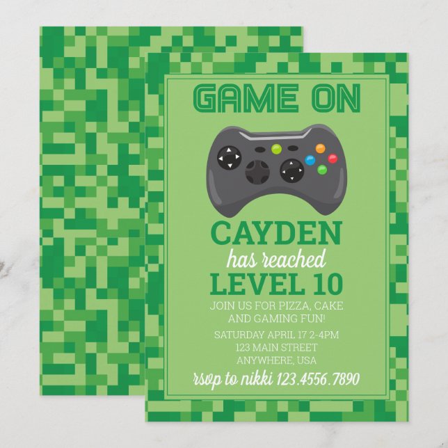 Video Game Level up Gamer Birthday Invite green (Front/Back)