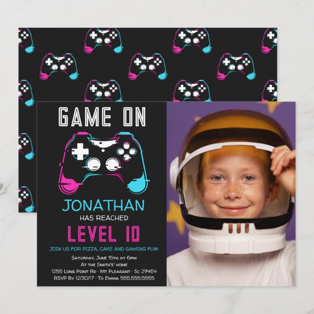 Video Game Level up Gamer Birthday Photo Invitation (Front/Back)