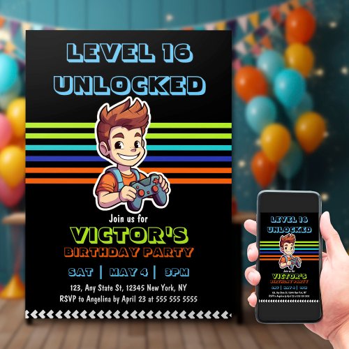 Video Game Level up Gamer Boy Birthday   Invitation