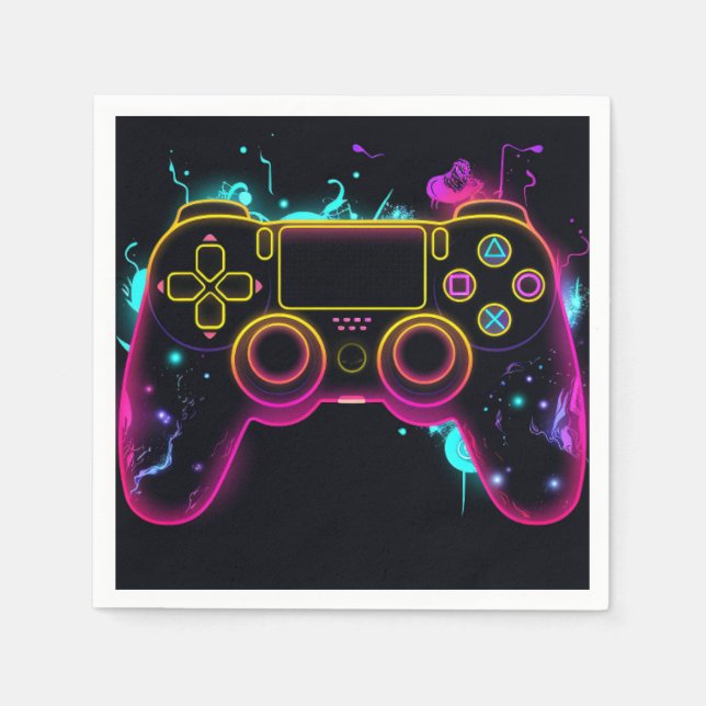 Video Game Level up Gamer Neon Birthday Napkins (Front)