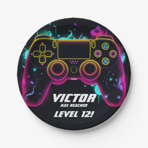Video Game Level up Gamer Neon Birthday Paper Plates