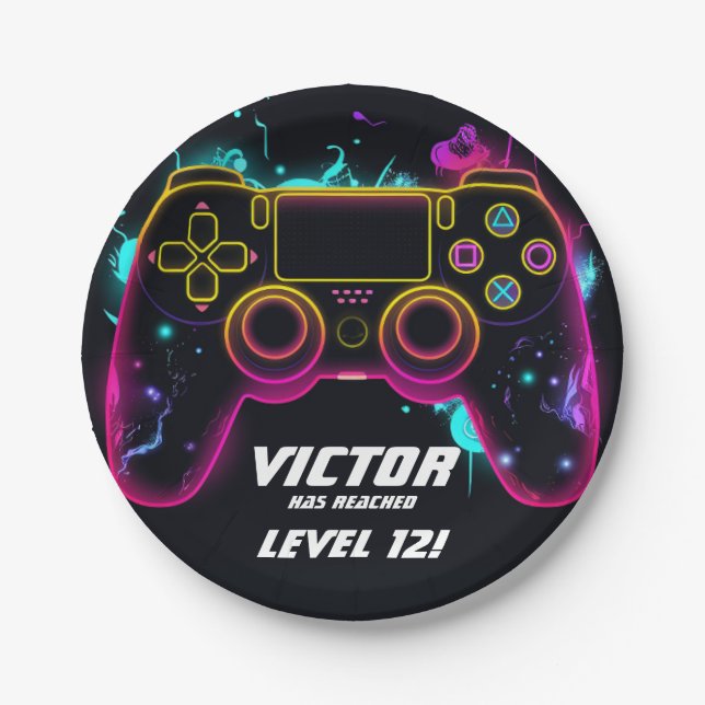 Video Game Level up Gamer Neon Birthday Paper Plates (Front)