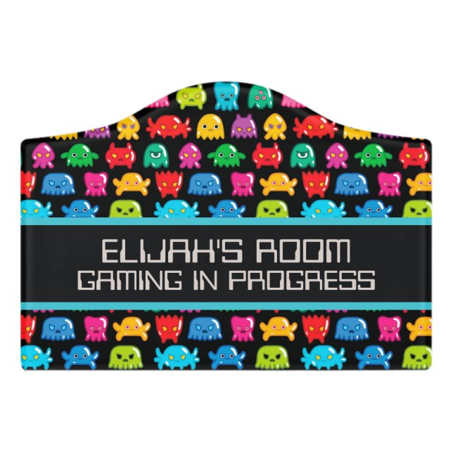 Video Game Monsters Geek Nerd Gamer Pattern Door Sign (Small Crest Front)
