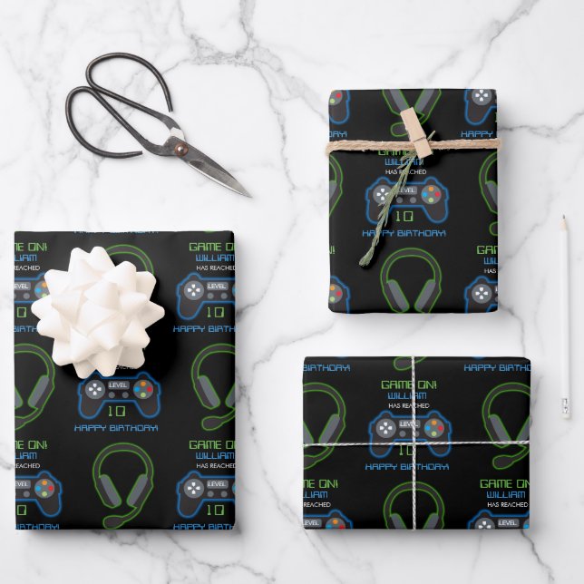 Video Game Neon Blue & Green Birthday Age Name Wrapping Paper Sheets (Front)