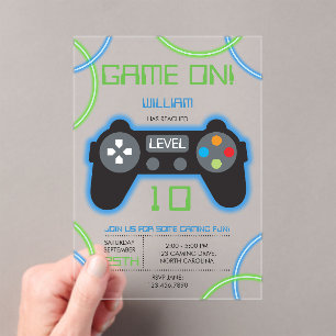Video Game Neon Blue & Green Birthday Party Acrylic Invitations