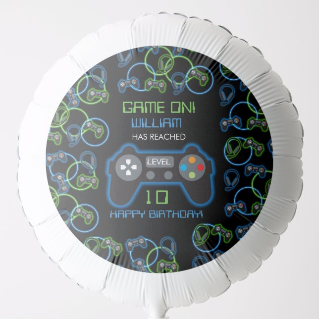Video Game Neon Blue & Green Birthday Party Balloon (Front)