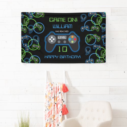 Video Game Neon Blue  Green Birthday Party Banner