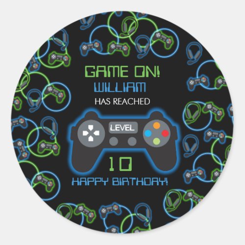 Video Game Neon Blue  Green Birthday Party Classic Round Sticker