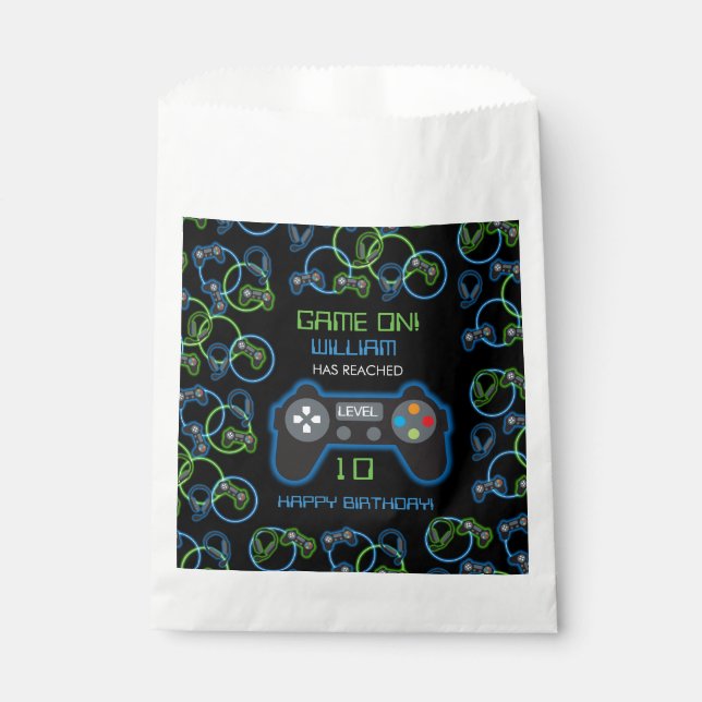Video Game Neon Blue & Green Birthday Party Favor Bag (Front)