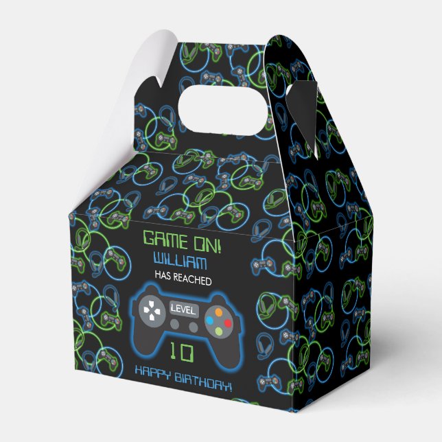 Video Game Neon Blue & Green Birthday Party Favor Boxes (Front Side)