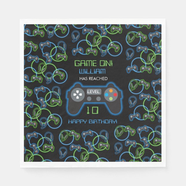 Video Game Neon Blue & Green Birthday Party Napkins (Front)