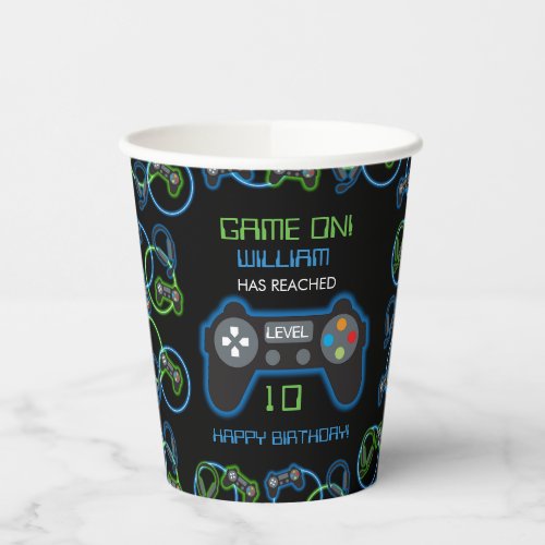 Video Game Neon Blue  Green Birthday Party Paper Cups