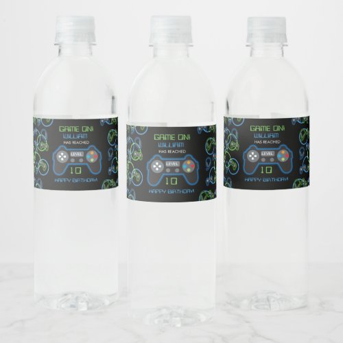 Video Game Neon Blue  Green Birthday Party Water Bottle Label