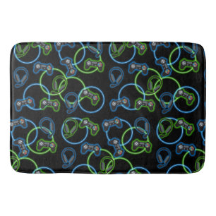 Video Game Neon Blue & Green Pattern Bath Mat
