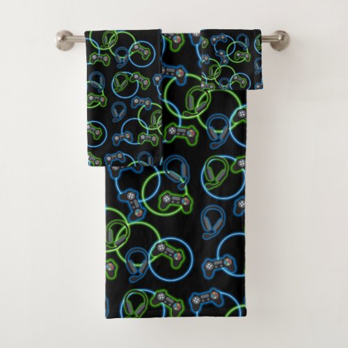 Video Game Neon Blue  Green Pattern  Bath Towel Set