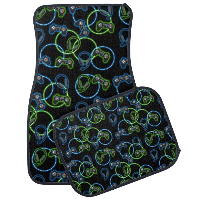 Video Game Neon Blue & Green Pattern  Car Floor Mat (Set)