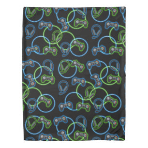 Video Game Neon Blue & Green Pattern Duvet Cover